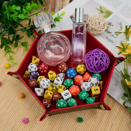 SIQUK 4 Pieces Dice Tray Hexagon Dice Rolling Holder Folding PU Leather Dice Trays for Dice Games Like RPG, DND and Other Table Games (Gray, Camel, Red and Black)