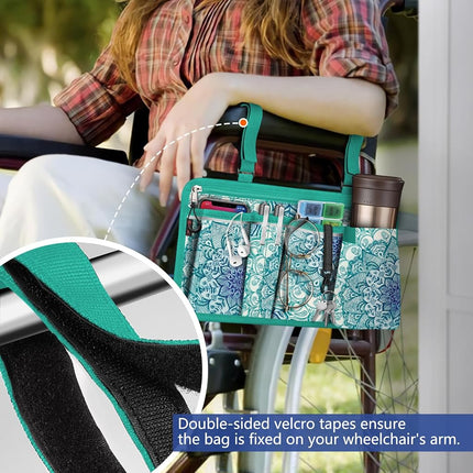 FINPAC Wheelchair Side Storage Bag w/Cup Holder, Wheelchair Armrest Accessories Pouch with Pen Slot and Reflective Strips for Power Walkers, Rollators, Seniors - Emerald Illusions