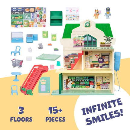 Bluey Supermarket Playset, 3 Different Levels With Exclusive Bluey and Bingo Figures. Includes Working Escalator, 24 Sounds and 15+ Play Pieces Plus Fun Intercom, Over 40cm (15") Tall.