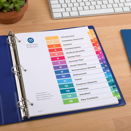 Avery 15 Tab Dividers for 3 Ring Binders, Customizable Table of Contents, Multicolor Tabs, 1 Set (11143)
