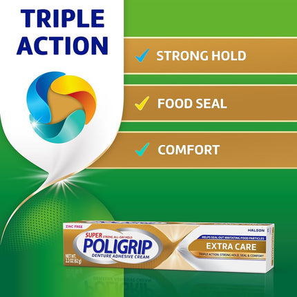 Super Poligrip Extra Care Denture Adhesive Cream, Zinc Free Denture Cream - 2.2 Ounce (Pack of 4)