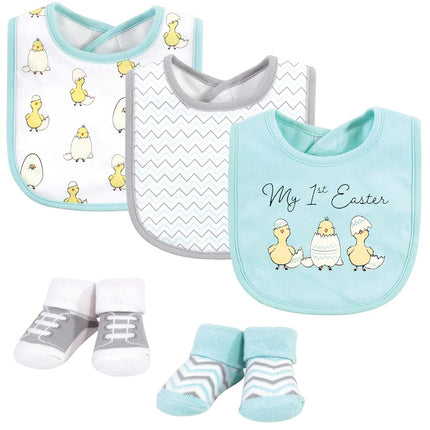 Hudson Baby Juego de babero y calcetines de algodón para bebé unisex, Pollitos de Pascua, Talla única