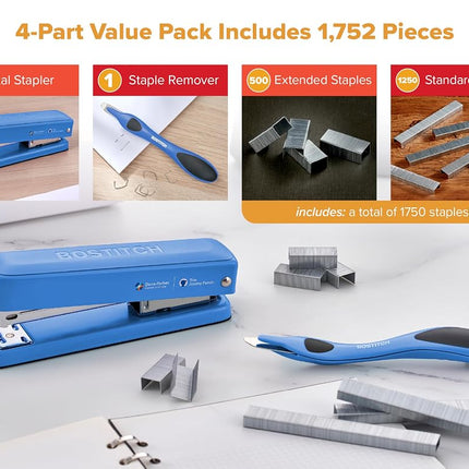Bostitch Titan Heavy Duty Metal Stapler, 50 Sheet Capacity with 1250 Standard Staples and 500 Extended Staples, Ergonomic Staple Remover, Jam Free Stapling, Full Strip Stapler, Blue