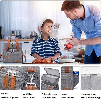 Weitars Lunch Bag for Women Men, Loncheras para Mujer Dual Compartment Waterproof Reusable Large Lunch Box Wide-Open Cooler Tote Bag for Working Picnic Hiking (15L) (Gray(Kahki))