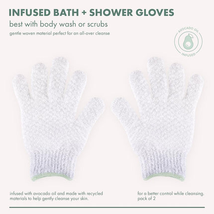 Gants de bain et douche doux EcoTools, gants exfoliants pour éliminer les peaux mortes et nettoyer tout le corps, gants de bain infusés à l'huile d'avocat pour gommer et hydrater, sans cruauté, 1 paire (2 gants)