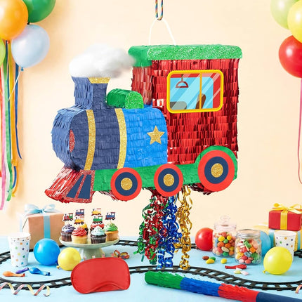 WERNNSAI Train Piñata - Train Themed Piñata with Pull String, Stick and Blindfold, for Birthday Decorations Party Supplies Carnivals Games Supplies (16.5"x12.4"x3")