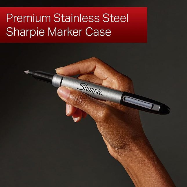 Sharpie Permanent Markers with Stainless Steel Marker Case Fine Point Black 6 Count