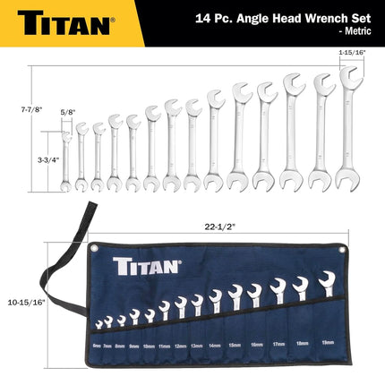 Titan 17284 14-Piece Metric Angle Head Open End Wrench Set