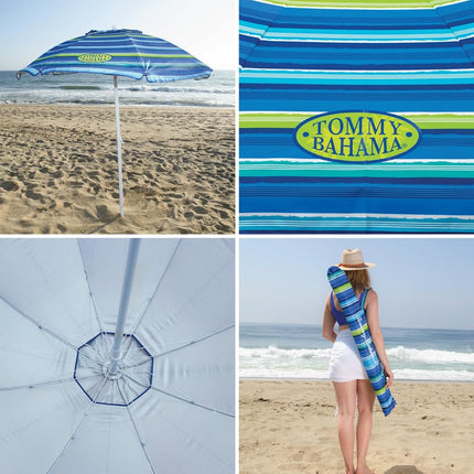 Tommy Bahama 6' UPF 50+ Tilt Beach Umbrella with Wind Vent, Green and Blue Stripe