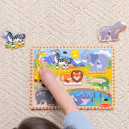 Melissa & Doug Safari Peg Puzzle (Colourful Animal Artwork, Extra-Thick Wooden Construction, 7 Pieces)