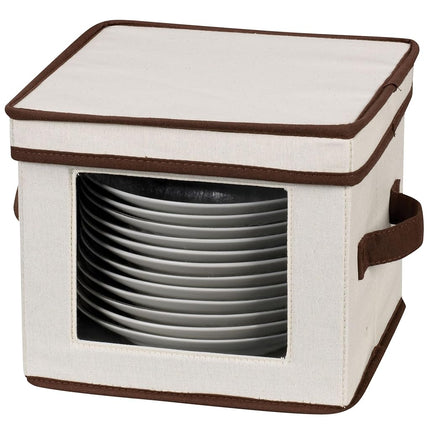 Household Essentials 532 Dinnerware Storage Box with Lid and Handles | Storage Bin for Dessert Plates or Bowls Natural Canvas with Brown Trim