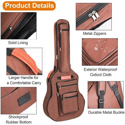 Bekith Acoustic Guitar Bag 40 41 42 Inches, 6 Pockets Guitar Case Waterproof Oxford Cloth Thick Sponge Pad, Dual Adjustable Shoulder Strap Soft Guitar Case Gig Bag, Brown