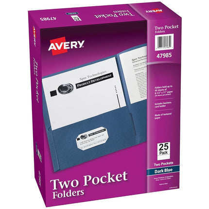 Chemises à deux pochettes Avery, Contient jusqu'à 40 feuilles, Fente pour carte de visite, Paquet de 125 chemises bleu foncé (47985)