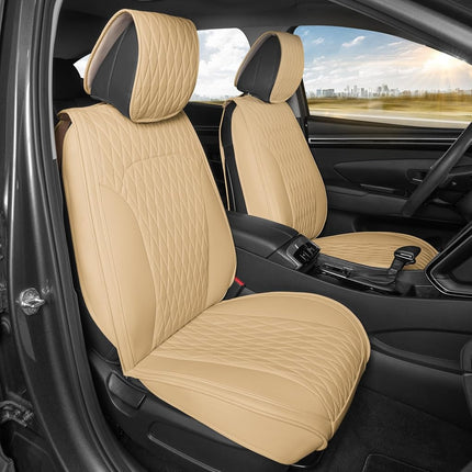 MotorBox Car Seat Covers – DiamondLux Edition Premium Faux Leather Tan Beige Seat Protectors – Double Cross Stitched Cushioned Automotive Accessories for Trucks, SUVs, Cars – Front Seat Set