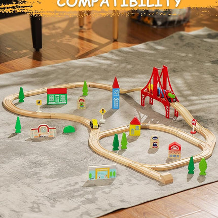 SainSmart Jr. Wooden Train Track Set, 52-Piece Expandable 18FT Wood Railway System | Compatible with Thomas & Brio | Includes Storage Box | Toy Gift for Kids & Toddlers Ages 3-7