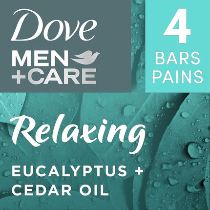 Dove Men + Care Natural Essential Oil Bar Soap to Clean and Hydrate Men's Skin Relaxing Eucalyptus + Cedar Oil 4-in-1 Bar Soap for Men's Body, Hair, Face and Shave 141 g 4 count