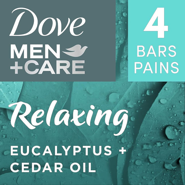 Dove Men + Care Natural Essential Oil Bar Soap to Clean and Hydrate Men's Skin Relaxing Eucalyptus + Cedar Oil 4-in-1 Bar Soap for Men's Body, Hair, Face and Shave 141 g 4 count