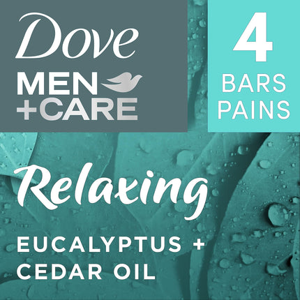 Dove Men + Care Jabón en barra de aceite esencial natural para limpiar e hidratar la piel del hombre, Eucalipto relajante + Aceite de cedro, Jabón en barra 4 en 1 para cuerpo, cabello, rostro y afeitado de hombre, 141 g, 4 unidades