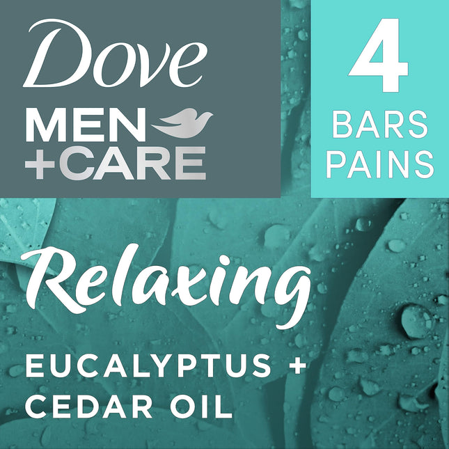 Dove Men + Care Natural Essential Oil Bar Soap to Clean and Hydrate Men's Skin Relaxing Eucalyptus + Cedar Oil 4-in-1 Bar Soap for Men's Body, Hair, Face and Shave 141 g 4 count
