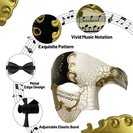 IncreDecor Masquerade Mask for Men Phantom of The Opera Mask with Bowtie, Half Face Venetian Masks for Halloween Parties Carnival