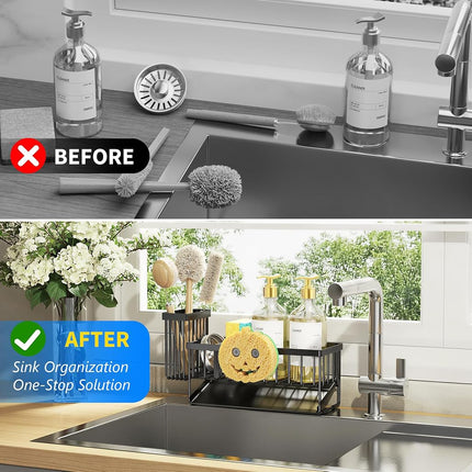 Cisily Sink Caddy With Smiley Face Sponge Holder, 304 Stainless Steel Rustproof(Black)