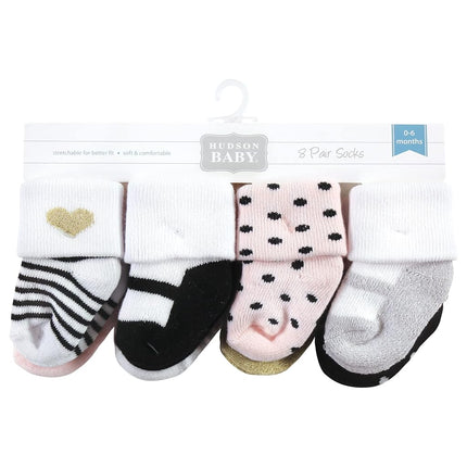 Hudson Baby Chaussettes nouveau-né en coton riche et en tissu éponge pour bébés filles, argent or rose, 6-12 mois