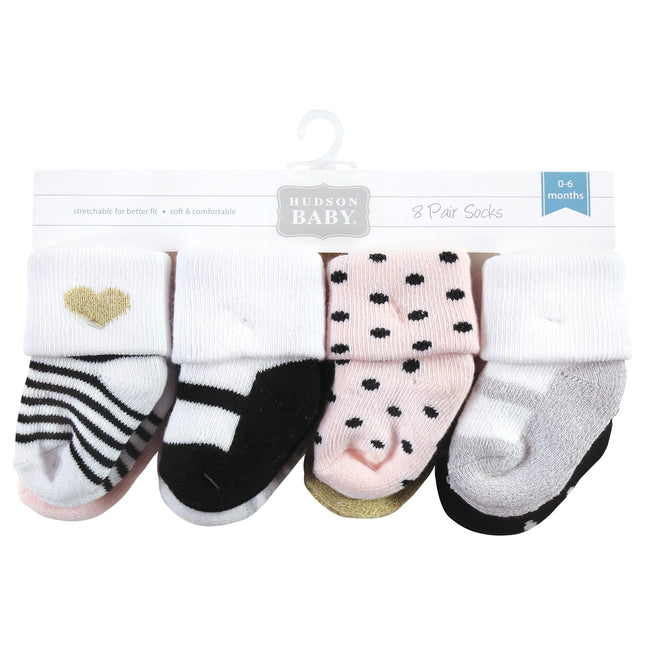 Hudson Baby Calcetines de bebé de algodón para recién nacidas y calcetines de rizo, plateado, dorado y rosa, 6-12 meses