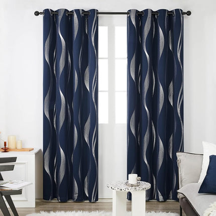 Deconovo Rideaux Occultants à Imprimé Vagues en Aluminium, Rideaux de Fenêtre Isolants Thermiques à Œillets pour Chambre à Coucher, 2 Panneaux, Bleu Marine, 132x274 cm