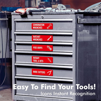 Pack of 90 Magnetic Toolbox Labels, 82 Premade & 8 Empty, Large Tool Box Organiser Labels, Strong Magnetic Force & Easy to Read for All Toolboxes, Drawers (Red)