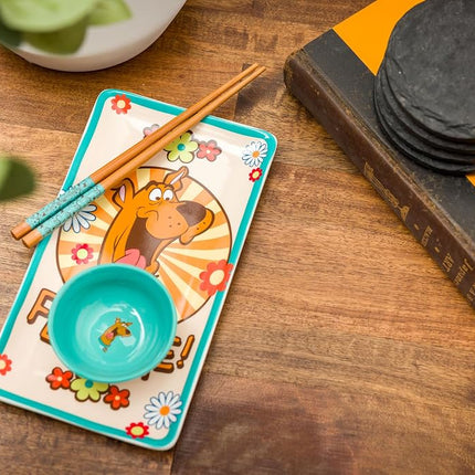 Silver Buffalo Scooby Doo Feed Me Retro Groovy Flowers Ceramic Sushi Set with Dipping Sauce Dish and Matching Chopsticks
