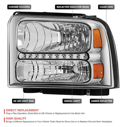 DNA MOTORING LED DRL Headlamps Headlight Assembly Compatible With 05-07 Ford F250-350 F450 F550SD, Chrome/Amber, HL-OH-FSD05-LED-CH-AM