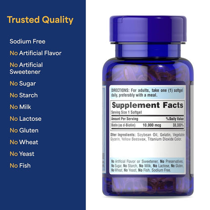 Puritans Pride Biotin 10000 Mcg Softgels, 100 Count