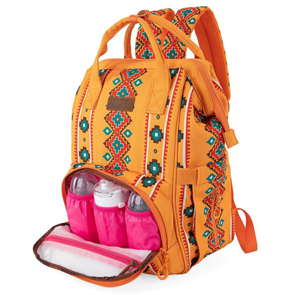 Wrangler Aztec Backpack Organized Daypack Travel Baby Bag with Stroller Strap and Side Bottle Pockets, Angel Orange, 16.5" x 11.5" x 6", Daypack Backpacks