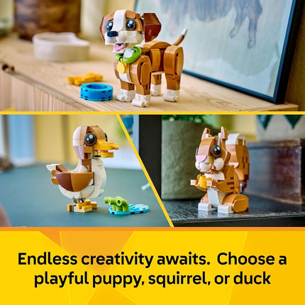 LEGO® Creator 3 in 1 Cute Animals: Playful Puppy Dog 31382 Animal Figures - Building Set with 3 Build Options, Dog, Squirrel or Duck - Animal Toys for Kids Aged 8+ - Toy Idea for Girls and Boys