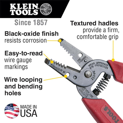 Klein Tools 11046 Wire Stripper, Wire Cutter for 16-26 AWG Stranded Wire, Compact Nose with Precision-Ground Stripping Holes, Made in USA
