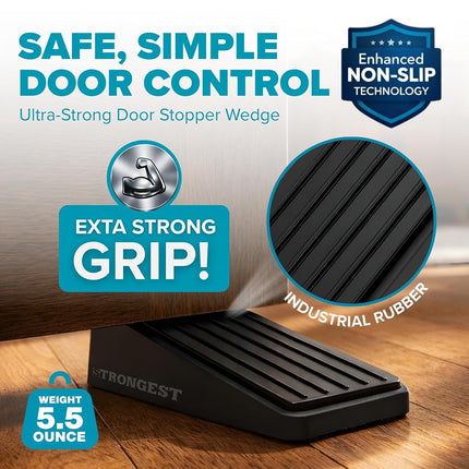 Strongest Door Stopper, Heavy Duty Door Stop Wedge Made of Premium Quality Zinc and Rubber Suits Any Door,Any Floor. Set of 2 Plus Bonus Self Adhesive Wall Protectors (Black, 2 Pack)