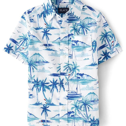 The Children's Place Boys' and Toddler Boys' Short Sleeve Button Down Shirt, Out to Sea White, X-Small