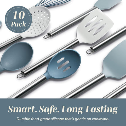 COOK WITH COLOR Silicone Cooking Utensils, 10 Pc Kitchen Utensil Set, Easy to Clean Silicone Kitchen Utensils, Cooking Utensils for Nonstick Cookware, Kitchen Gadgets Set (Blue and White)