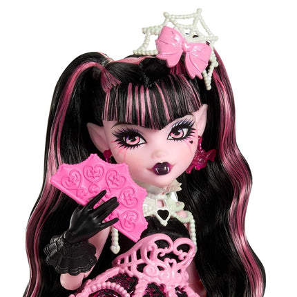 Monster High Scary Sweet Birthday Doll, Draculaura in Pink Party Dress with Themed Accessories Like Invite, Balloon, Gift, Fan and More