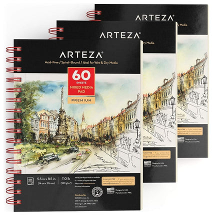 ARTEZA 5.5X8.5 Mixed Media Sketch Book, 3 Pack, 12