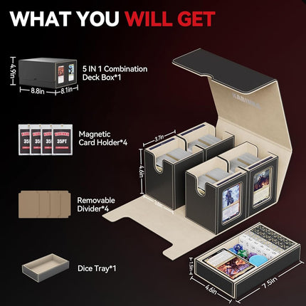 Card Deck Box for MTG with Commander Display, 5 in 1 Card Storage Box Fits 400+ Double-sleeved Cards, Removable Deck Case for TCG/Sports Cards with Dice Tray, 4 Magnetic Card Holders (Black Gold)