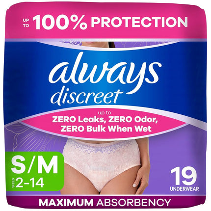 Always Discreet, Incontinence Underwear for Women, Maximum Classic Cut, Small/Medium, 19 Count