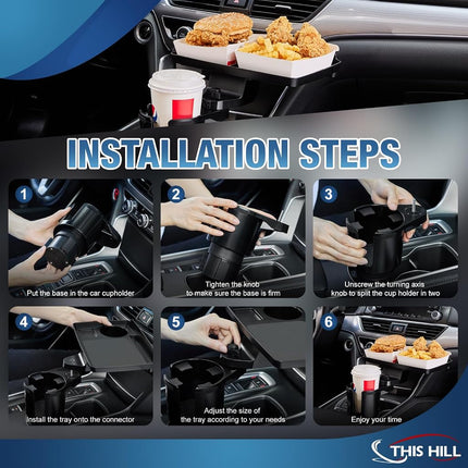 This Hill 2 Pack Cup Holder Tray for Car, 2 in 1 Detachable Car Food Table Tray with Solid Base & Phone Slot,Car Cup Holder Expander with 360°Rotation Tray for Travel Road Essentials Accessories