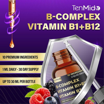 10in1 Vitamin B Complex Liquid Drops with B1 Thiamine, B12 Methylcobalamin, B2 Riboflavin, B3 Niacinamide, B5 Pantothenic Acid, B6 Pyridoxine, B7 Biotin and More - 30ml 1 Fl Oz