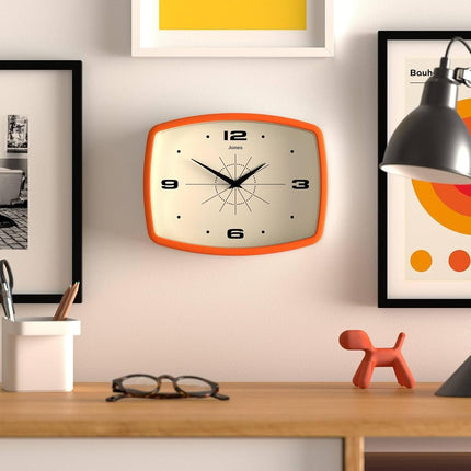 JONES CLOCKS® Movie wall Clock | Rectangular Retro Clock | 10" | Orange | Cool mid-Century Designer Look for Kitchen, Living Room or Office