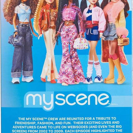 Barbie Signature My Scene Jai Doll and Accessories, Black Braids, Y2K-Inspired Outfit with Pink Top, Vinyl Jacket, Floral Flare Pants and Doll Stand, JBH84