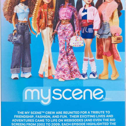 Barbie Signature My Scene Jai Doll and Accessories, Black Braids, Y2K-Inspired Outfit with Pink Top, Vinyl Jacket, Floral Flare Pants and Doll Stand, JBH84