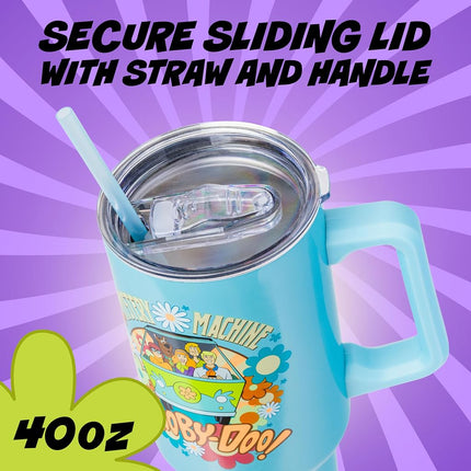 Silver Buffalo Scooby Doo Mystery Machine Featuring Shaggy, Velma, Fred and Daphne Stainless Steel Tumbler with Handle and Straw, Fits in Standard Cup Holder, 40 Ounces