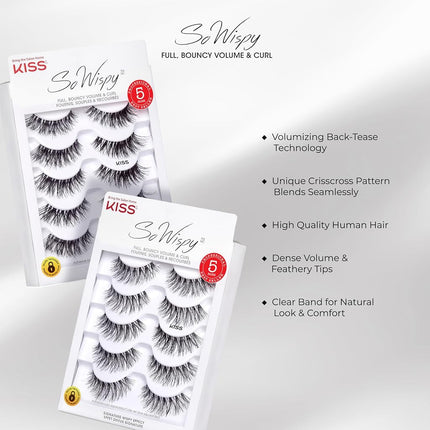 KISS So Wispy False Eyelashes Multipack in Style Pompadour, Volume & Curl Lash Extensions Look, Cruelty Free Synthetic Lashes, Crisscross Pattern, Reusable and contact lens friendly, 5-Pair