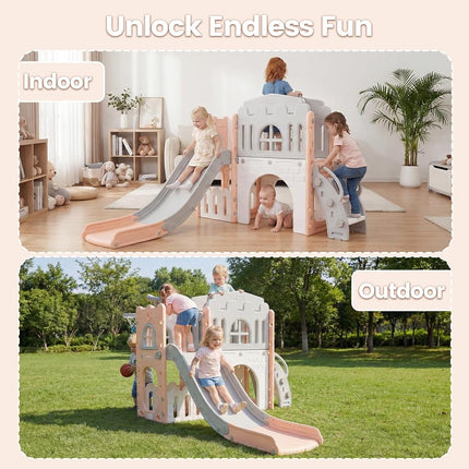 OLAKIDS Toddler Slide, 9 in 1 Kids Indoor Outdoor Playground with Climber Basketball Hoop Telescope Tunnel Corridor Toy Storage Steering Wheel for Boys Girls Aged 1+